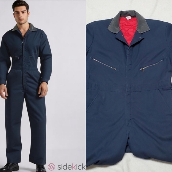70s Vintage Wrangler Big Ben Navy Red Quilted Insulated Coveralls USA Made - Picture 1 of 16